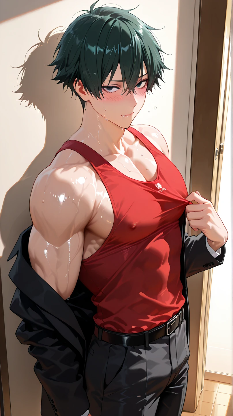 a shirtless tired smile 19-year old handsome caucasian male in faded haircut, mma gloves, white fighting shorts, cute, handsome face, six-pack abs, beautiful body, well-defined body, sweating profusely, dripping sweat, drenched with sweat, panting, exhausted, hands behind head, on the wall