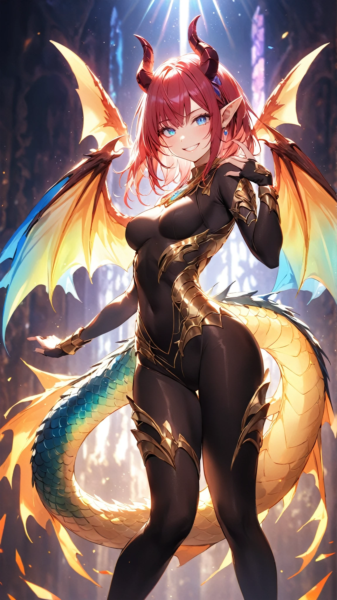 (best quality,4k,8k, highres, masterpiece:1.2), (furry; anthro Dragon), small breasts, horny, well-toned abs, large mechanical dragon wings, ultra-detailed, lewd pose, ((excited smile)), sexy, detailed eyes and face, long eyelashes, vibrant colors, green eyes, orange fur
