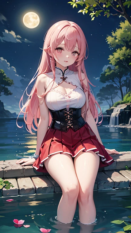 official art, masterpiece, sharp focus, (beautiful gorgeous cute Korean woman:1.3), (beautiful cute korean:1.3), korean beauty, Delicate and beautiful hair and eyes and face, realistic, ultra detailed, beautiful girl, blue sky, glow white particle, (sidelighting:1.2), sun light, white cloud, detailed clouds, slender, Lovely very large breasts and very large hips,showing pink slip and smiling, (((shy and aroused, pink eyes)), scenery, long straight hair, sexy facial expression, building, (mountainscape:1.7), dynamic hair, blonde long straight hair, detailed hair, streaked hair, glow pink wink eyes, (Star-shaped pupils), (fiery rose pleated skirt+white off shoulder blouse), white long socks, pale skin, epic scenery, (Tiara:1.5), hair ornament, Princess white gloves, Wet body, Fiery Rose, sexy look