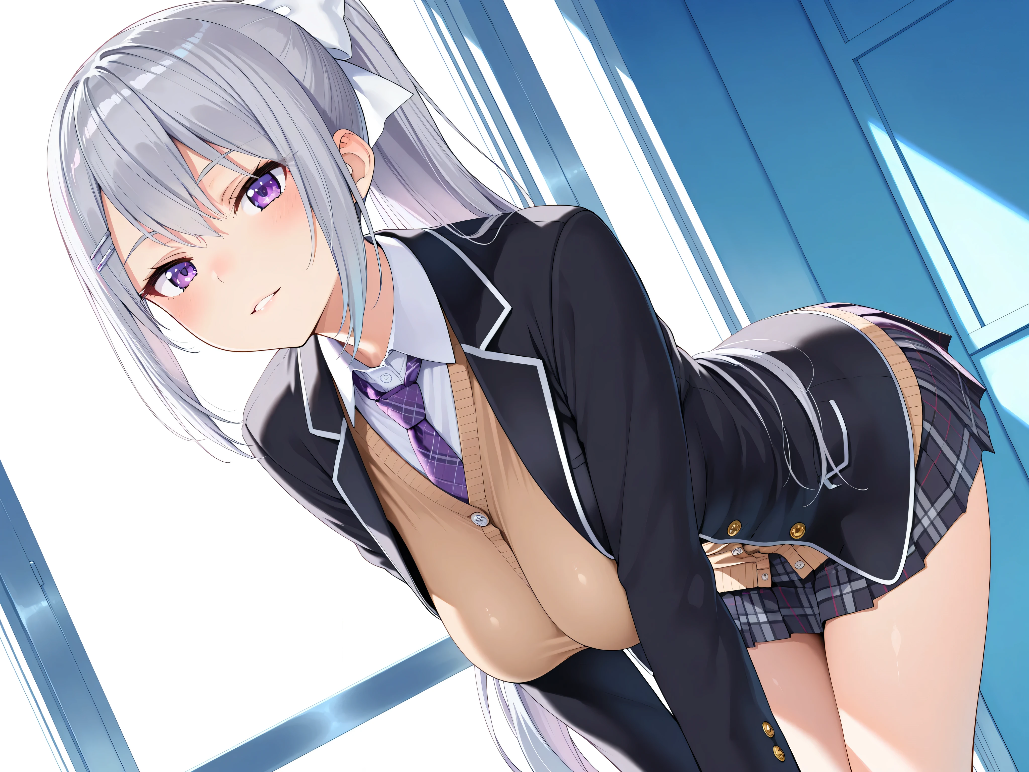 masterpiece, best quality, solo, 1 girl, white hair, purple eyes, school uniforms, <lora:tableSex_v10:1>, long hair, white panty, nsfw