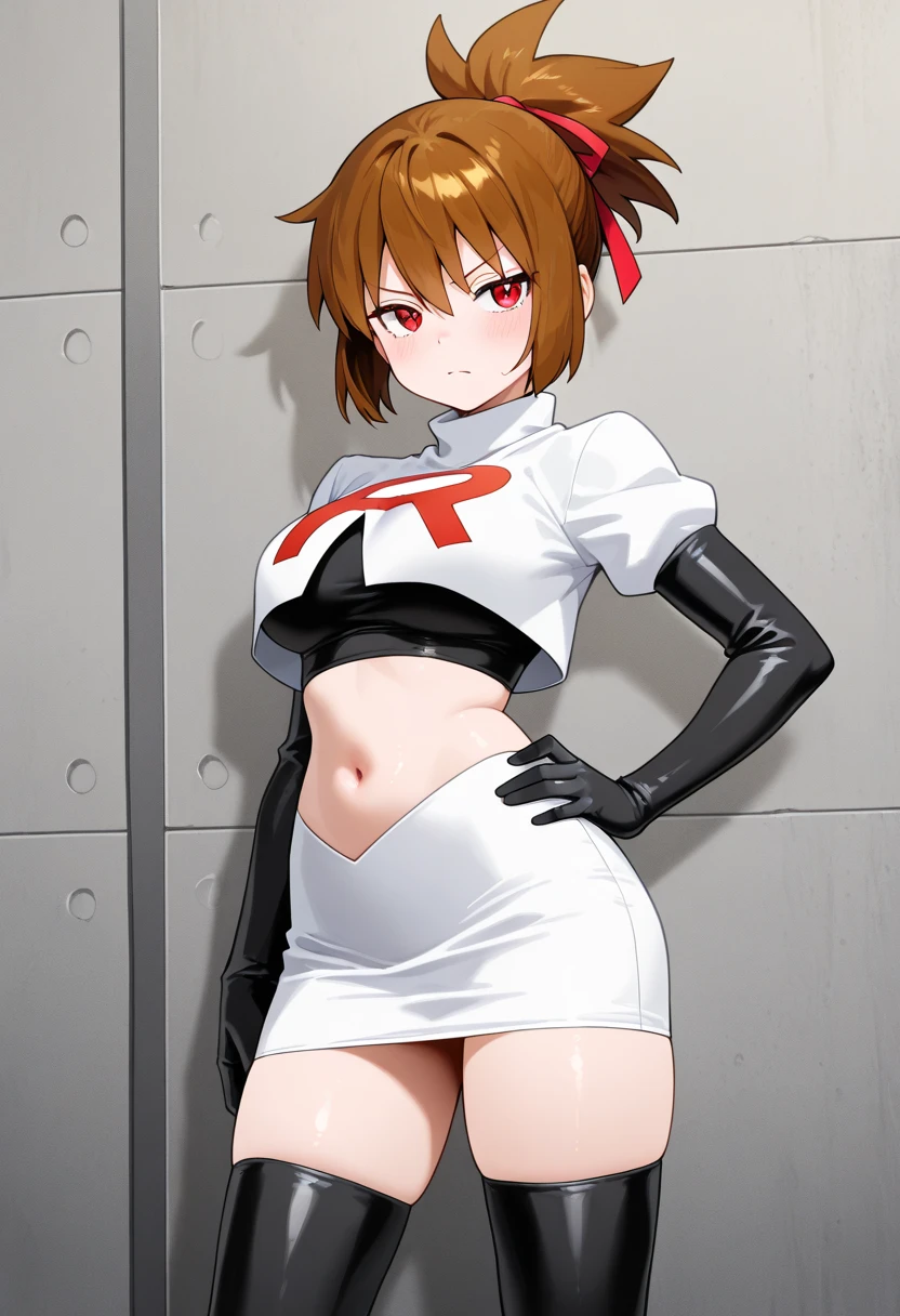 celica fe , light makeup, eye shadow, earrings ,glossy lips ,team rocket uniform, red letter R, white skirt,white crop top,black thigh-high boots, black elbow gloves, smile, looking down on viewer, sitting ,crossed legs