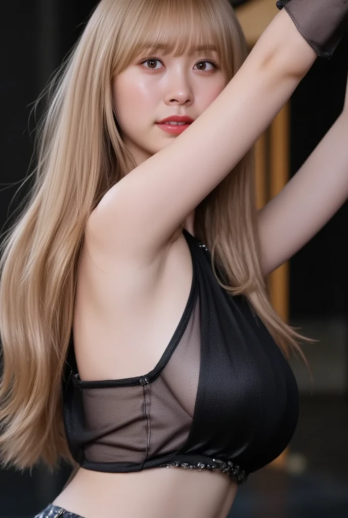Highest quality、Japanese women、The most beautiful woman in the world、sexy、Blonde long hair hairstyle、Small face、Beautiful skin、night、Large breasts、Realistic、sexyなポーズ、sexyな表情、Black Dress、Lying down