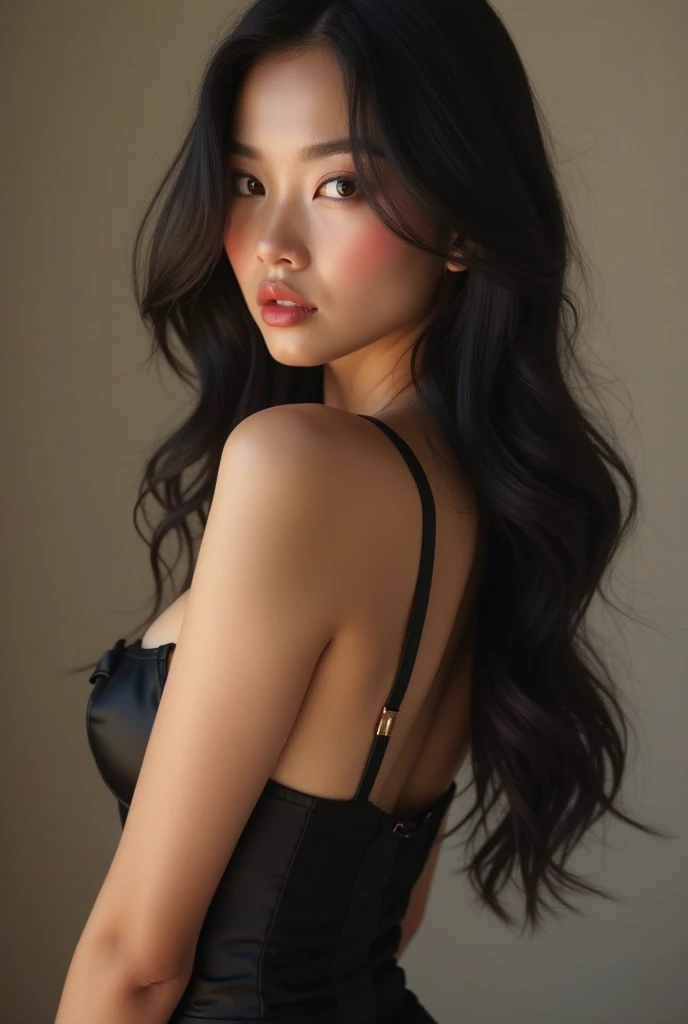 Make me a girl with long black hair and bangs. Approximately 18 years old, very young. The image will be very realistic, in 8K, real-life. She will be wearing black lingerie. She will be in a room, standing with her back to the mirror. Well-evolved body and white skin.