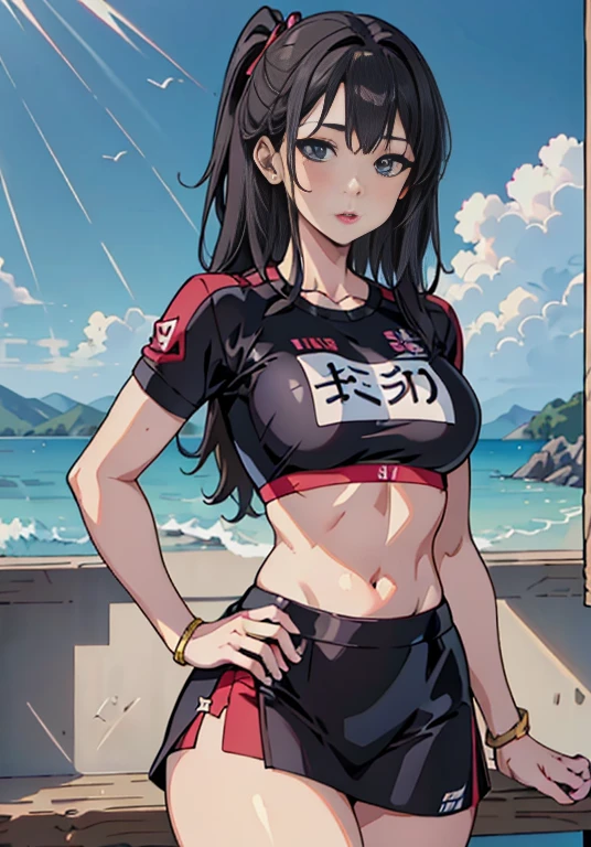 adult woman, dark brown eyes, red baseball cap, black straight hair, red camouflage top, long sleeve, croptop, red leggings, forehead, red lips, sexy body, lost beach, 1girl, slight smile, underboob, skinny, sexy pose