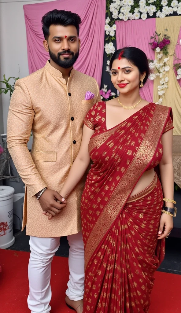A radiant, full-figured South Indian 25 year old girl wearing a black saree tenderly hugging and kissing a jubilant 35-year-old man while laying on bed, captured in a full-body image with vibrant hues and meticulous details. Full body image