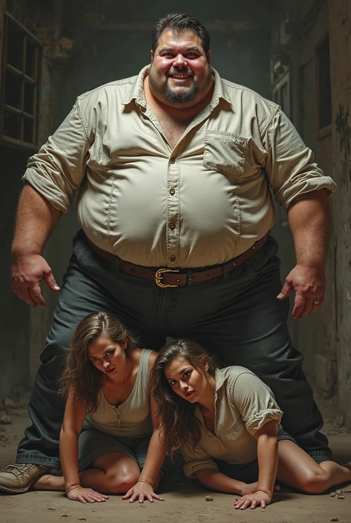 Create a realistic image of an elderly woman, 90 years old, obese, with black and dark skin, wearing a white shirt and black skirt and glasses, lifting the body of a 25-year-old woman from the ground by the waist and lifting it high into the air, with light white skin, long brown hair, slim body, completely naked with her breasts exposed and wearing short denim shorts