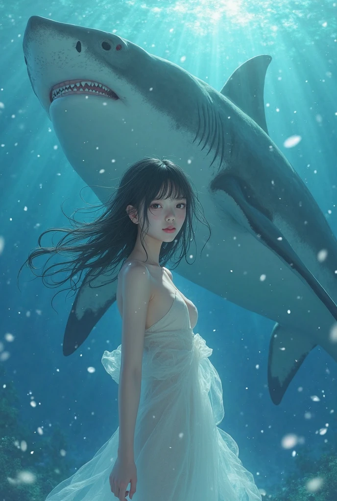 (Realistic, photo-Realistic:1.37),(8K, RAW Photos, Highest quality, masterpiece:1.2), cute, Ultra-detailed, 超High resolution, Kodak Vision Color, Filmed with an Arricam LT camera,Highest quality, Lively, 8K, High resolution, 1 girl, Escape, (Professional Lighting), (Portraiture:0.6), Brown Hair,21 years old、slender、Japanese、masterpiece, beautiful, elegant、The Little Mermaid、Upper body close-up、Top view、Ultra-fine detail, masterpieces, Realistic texture, Realistic Cinematic Lighting, Perfect job, 8K, High resolution, There are a lot of sharks、shark is swimming、Sea Turtle、Topless、Nipples are visible、 Adventurous divers exploring colorful coral reefs, Crystal clear waters teeming with marine life, Amazing underwater world,