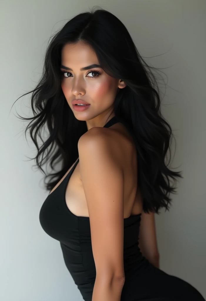 ((Masterpiece, best quality)), edgQuality,
tanned,edgMex_woman,edgMex_face,edgMex_body, a woman in a gray transparant bedtime lingerie , instagram sexy influencer , adult movies actress , onlyfans model actress , waist up pose , upper knees pose , wavy long layered hair with high ponytail , facing front , frontal to camera , various shot angle , wide shot , damp , cleavage   , seductive sensual look to camera , sexy satisfied confident look 
 