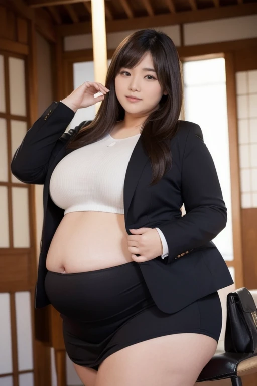 1 female, Overweight, Extremely fat, Chubby, (see-through nipples:1.1),police costume, police station, Japanese, 4k, High resolution, masterpiece, highest quality, fine skin