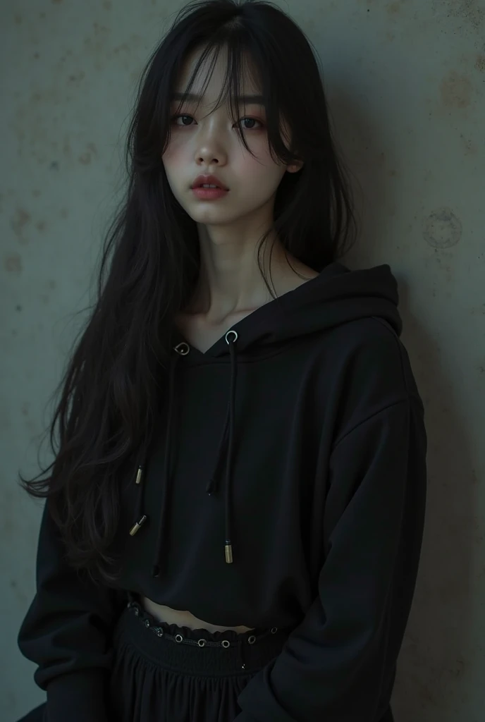 a close up of a woman wearing a black hoodie, in a black hoodie, girl wearing hoodie, black haired girl wearing hoodie, wearing a black hoodie, black hoodie, black hood, wearing a dark hood, dilraba dilmurat, wearing hoodie, dressed black hoodie, wearing an oversized hoodie, in a hoodie, wearing a hoodie