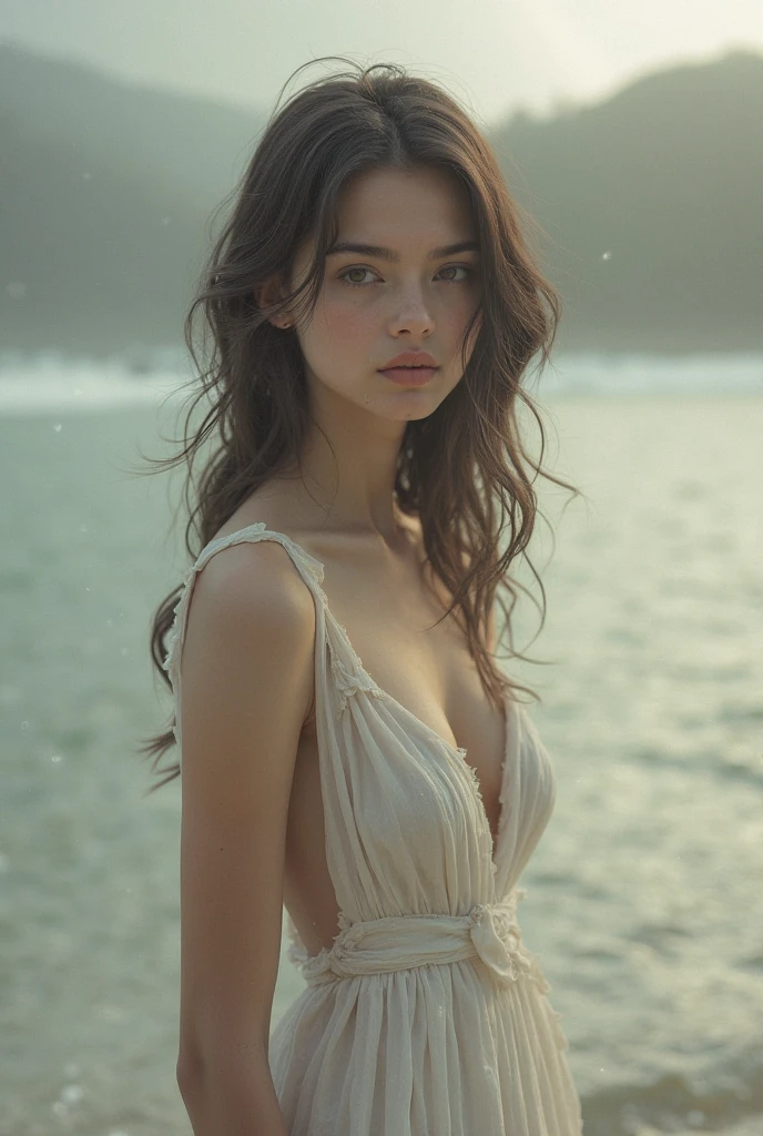1 girl,A high resolution, high quality, masterpiece, mxmkWhiteDress, bare shoulder, purple eyes, White dress, Hair, turmoil, beach