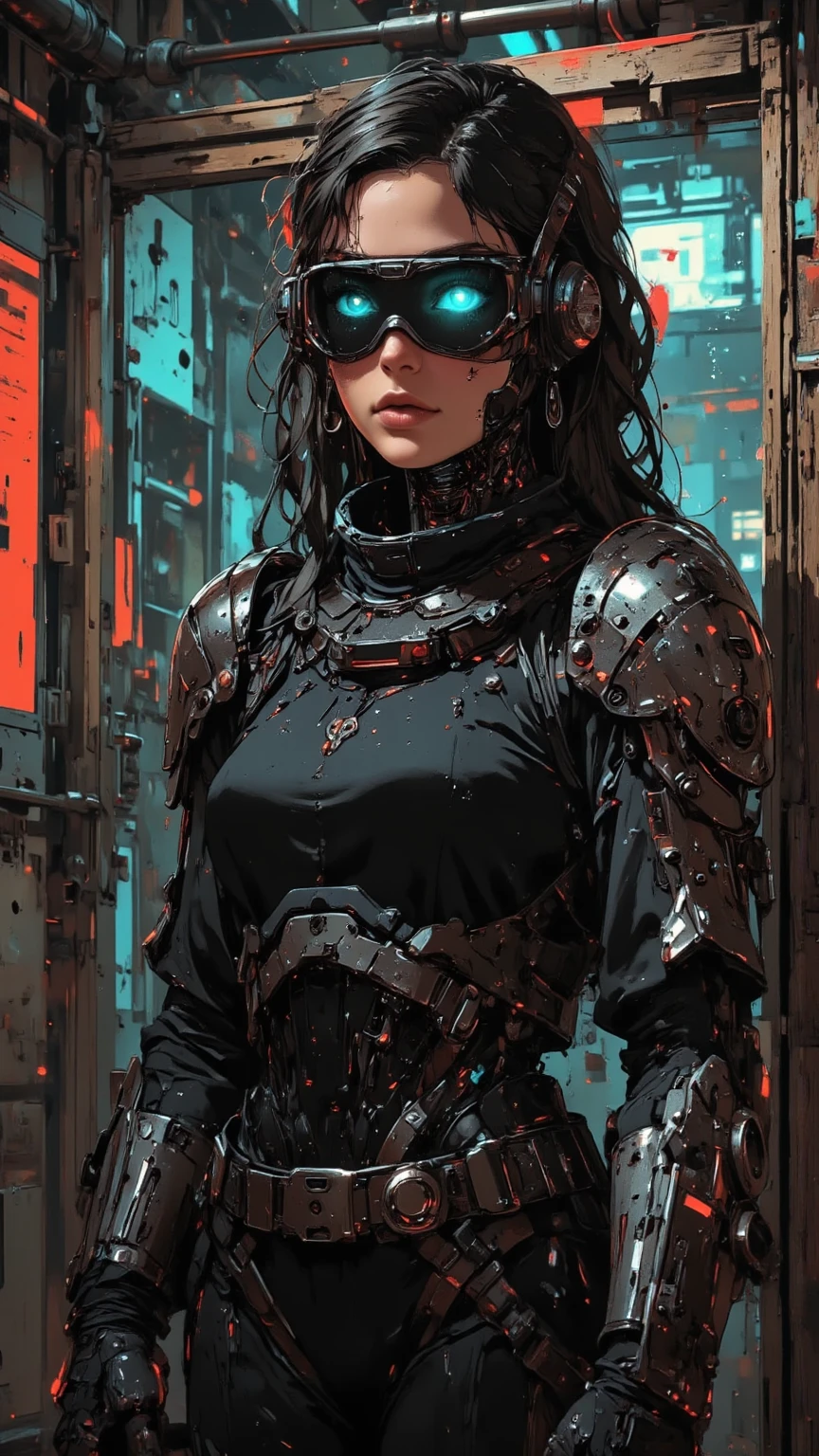 Young beautiful Girl hiding in shattered industrial atmosphere,post apocalyptic ruined city, black tattered shirt,  high detail, black colors,( cyberpunk), detailed eyes, hdr, 8k, ultra realistic, belly, (skulls on the ground), (small chest),  black leather jacket, (beautiful detailed eyes), (detailedlight), ((intricate detail)), (highres), rubin-like dark red eyes,  detailed background, ((illustration)), (((masterpiece))), ((best quality)), (High resolution)