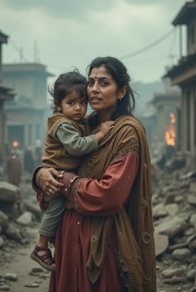 India map in tri colour having arms and carring baby girl. map has female face and body and crying and protecting baby girl. Baby girl clothes are teared. Two dogs barking