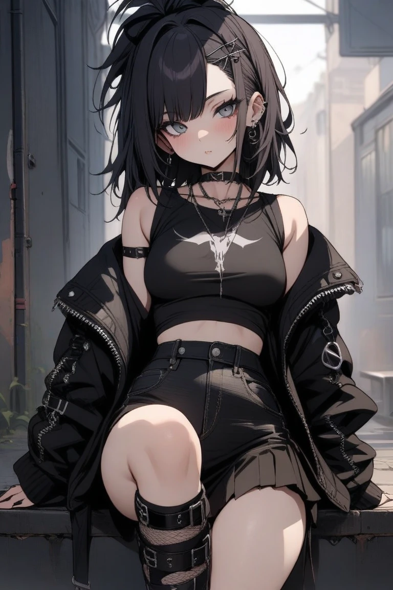 (1 person)), ((best quality)), ((masterpiece)), (detailed), ((punk-ish aesthetic)), (femboy), perfect face, a mole under each eye, little chubby, White long pixie cut with red steaks, brown eyes, Spiked choker, blue crop top, ((unsymmetrical)) half-bluehalf-Black skirt, ((Black legging), Dark Heeled Boots