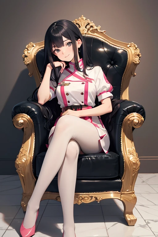 Woman, cute, adorable, smiling, straight hair, long hair, black hair, (sitting on chair:1.8),
(crossed legs:1.3),
BREAK (light-pink theme:1.4), (light-pink nurse cap on head:1.4), (elegant and glossy pink satin fabric luster:1.3), ((fit and flare, A-line):1.3), (fusion of very short sleeve light-pink satin one-piece dress and A-line ultra miniskirt:1.4), ((high neck, side open stand collar):1.3), ((closed-fitting, emphasizes body line):1.3), ((white overknee socks, white thigh-high tights):1.3), (pumps:1.2),