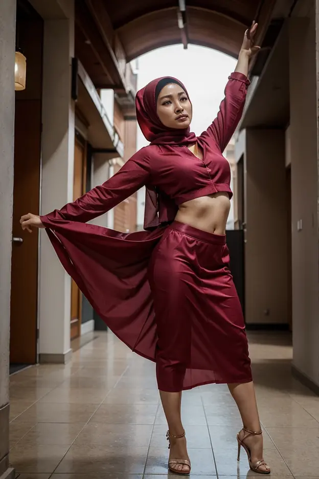 two women asian 34 years old, wearing hijab.
dynamic pose, have dance, hyperealistic image