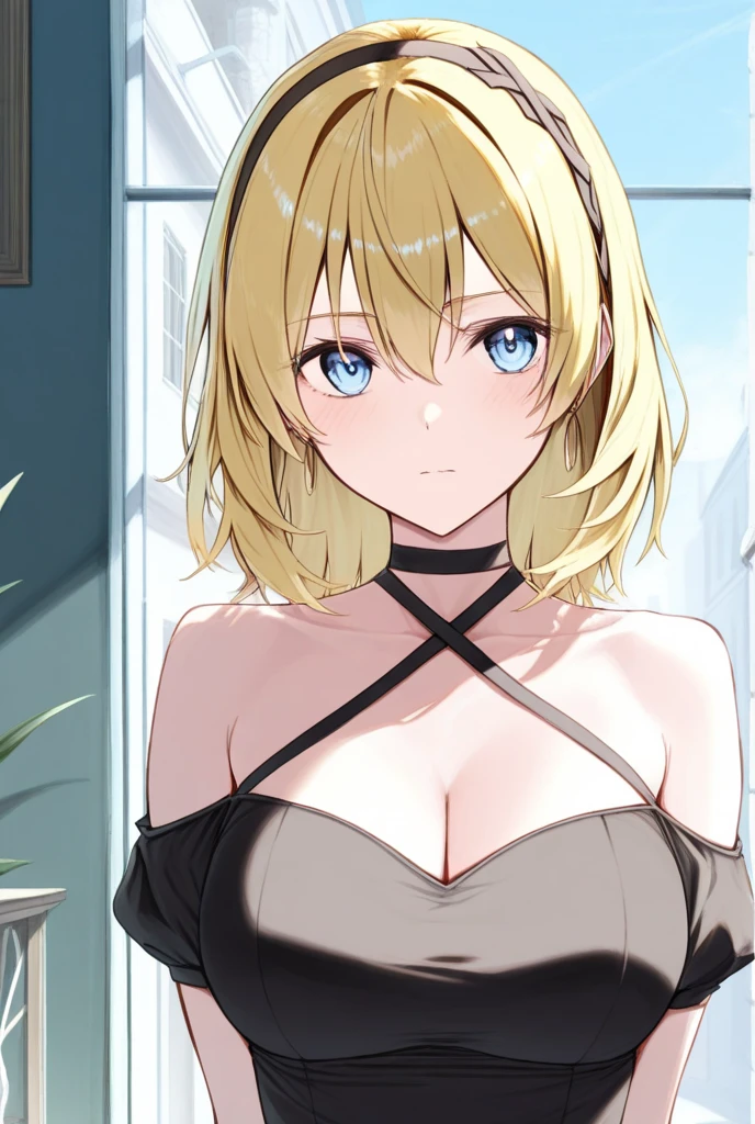 1girl,alone, akane hououji,(high resolution: 1.3), (extremely detailed CG), (masterpiece: 1.2), best quality, ultra detailed, best illustration, extremely delicate and beautiful, official art, 8k,(only),( woman,adult,mature woman:1.5),perfect lighting,(perfect hands,perfect anatomy),glowing skin,(pale skin:1.1),glowing skin,fine skin,detailed beautiful face and eyes (thin face:1.3),face beautiful and fresh (sharp eyes), slanted eyes, slit pupils, white pupil (bright pupils), reflections in the eyes (detailed beautiful eyes), intricate iris, (shiny hair:1.5), (big breasts), medium waist, hips wide, medium thighs very detailed breasts, beautiful body, looking at the viewer, (in the center of the image), Focus on her face, really cute, (bright_eyes), (simple white background, flower background: 1.1), (photo of cowboy: 1.5), adorable, top of head photo, tall, toned woman, small head (clavicle), (deep_cleavage: 1.2), (beautiful intricate and ultra detailed neckline: 1.2), (navy blue lingerie with black lace, lace bra, lace thong, abundant breasts, (narrow shoulders), asymmetrical hair, big hair, (blue eyes, blonde hair: 1.4), (akane hououji, short hair, blue eyes, blonde hair, hair between eyes, very long side locks, long side locks, side locks, hair on the chest, hair on the shoulder: 1.5), (red makeup),, arms down, elbow tight, breasts pressed together (arms behind the back :1.2),blushing,room,sitting on bed,legs open