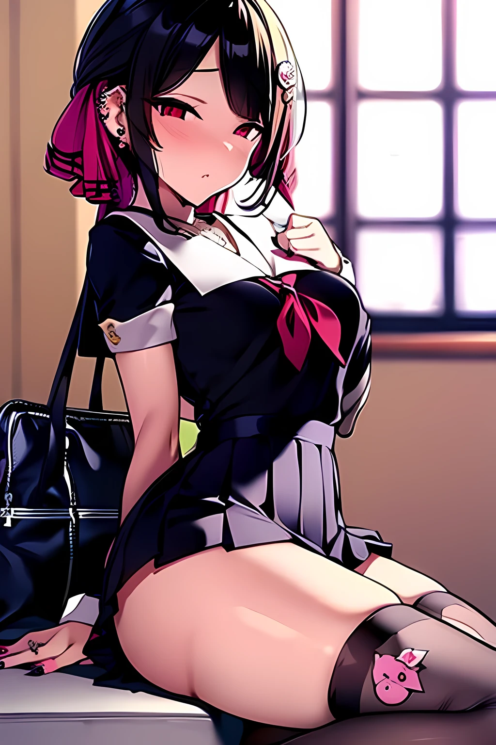masterpiece, Best Quality, high resolution,shinomiya kaguya,1girl,red eyes, black hair, hair ribbon,school uniform,hello_kitty_print,gyaru,earrings,eyeshadow,necklace,pink bag,leg warmers,((very short length school uniform with open chest)),((very short pleated miniskirt)),piercing,tiger_print underwear,nail,