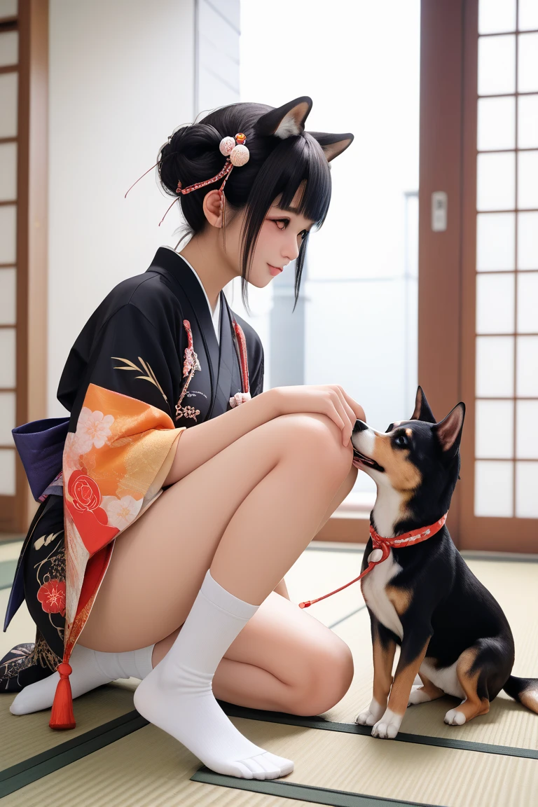 1animal,1girls,hu tao (genshin impact),cum in pussy,Dog,standing doggy style