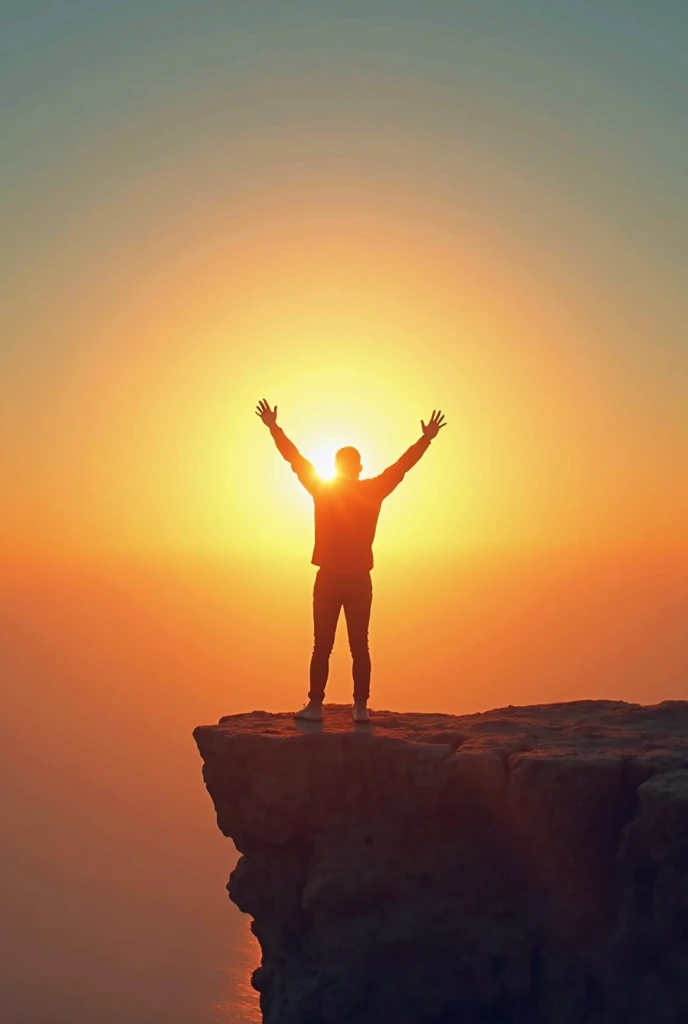 Create a vibrant and uplifting background image for a motivational YouTube Shorts video. The scene should feature a sunrise over a mountain range, with the sky painted in shades of orange, pink, and gold to symbolize new beginnings and limitless potential. In the foreground, a silhouette of a person standing on a cliff edge, arms raised triumphantly, captures the spirit of achievement and empowerment. The image should include subtle rays of sunlight breaking through the clouds, illuminating the scene with a warm, inspiring glow. The overall vibe should be one of hope, motivation, and determination, perfectly complementing the message of the video. Epic composition,shadowing