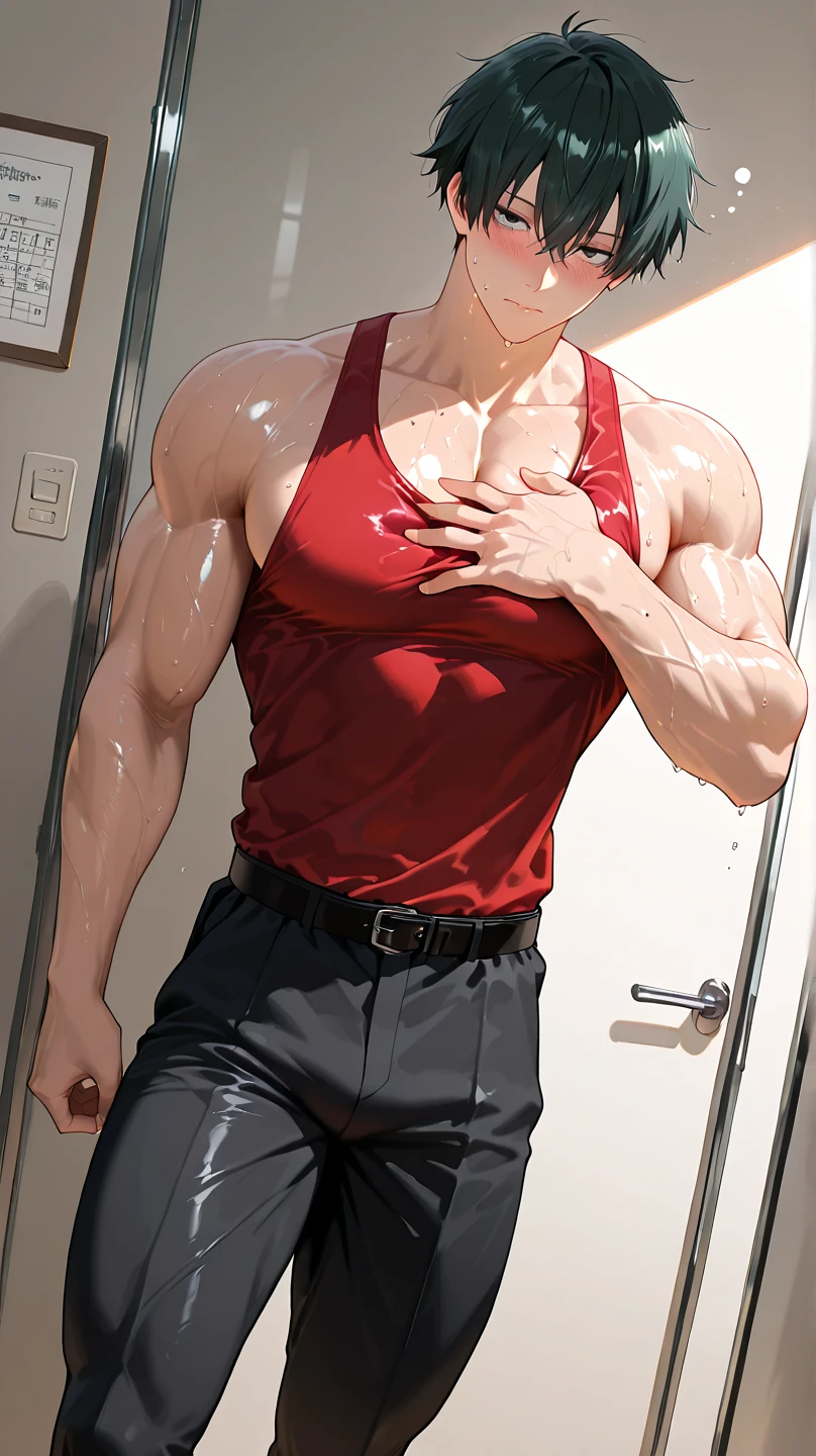 Old muscle hunk man wearing bikini in the house