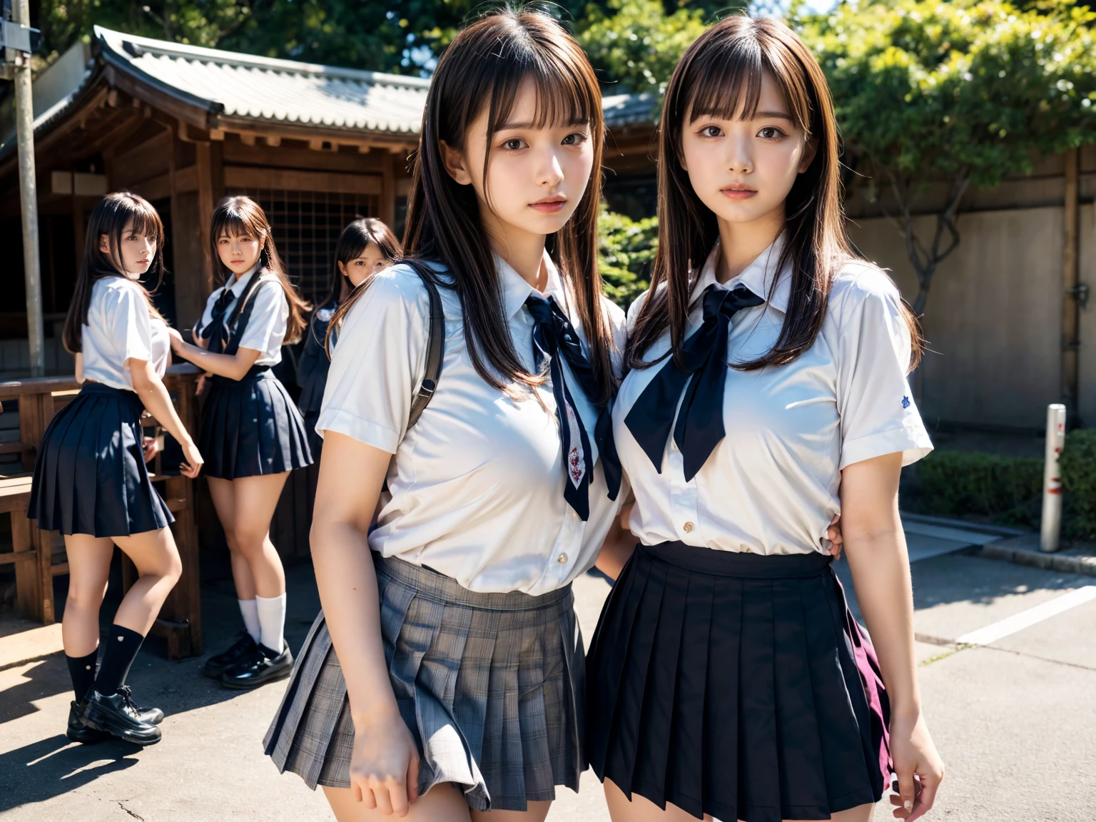 masterpiece, best quality, illustration, Super detailed, fine details, High resolution, 8K,wall paper, perfect dynamic composition,(Details High quality, realistic depiction of eyes:1.3), (2 girls, 2 schoolgirls:1.2), from side, High School Classroom、High school girl uniform、blazer 、Super Short Check Uniform Skirt、Navy blue high socks、garterbelts、Colossal tits、Disturbed uniform, short bob hair, black hair color, huge breasts, Big Natural Color Lip, bold sexy pose, (perfect body shape), crying a little、 Harajuku style、20 year old girl、 beautiful legs, hposing Gravure Idol, Voluptuous thighs