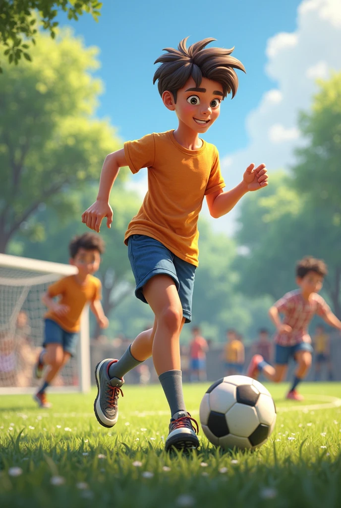 Barefoot boys playing football on a dirt field, one of them wearing a blue and white striped shirt vertically .