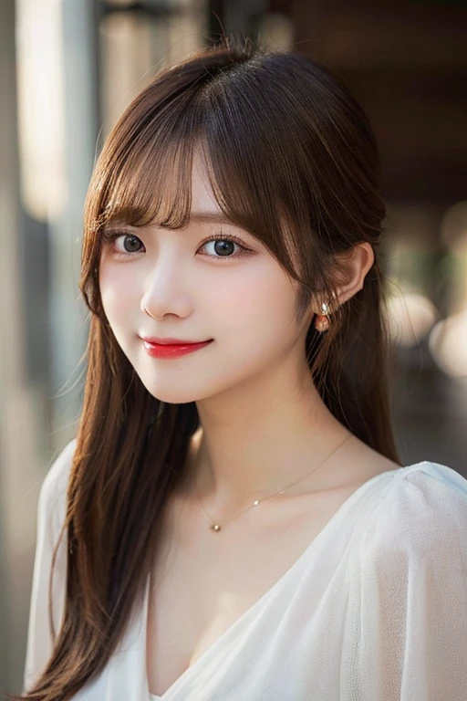 Tabletop, highest quality, shape, Very detailed, finely, High resolution, 8k wallpaper, 完璧なダイナミックな構shape, Beautiful and detailed,ランダムなcute髪,,Natural color lip, Bold sexy pose,smile、20-year-old girl、cute、Looking at the camera,Always blur the background,Perfect and beautiful face,Slim face and figure,Big eyes、Putting on gal makeup,Small face,Shooting from below、smile,blurred background,Sheer blouse、flare skirt,