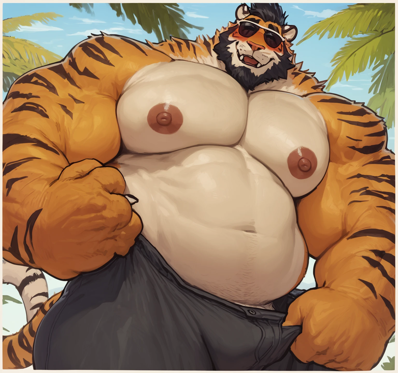 hombretigre, solo, (Sombreado suave), 4k, cualquier cosa, ((detallado face, detallado eyes, detallado)), (cuerpo completo), por Zackary911, por zaush, (by personalami:0.5), muscular, muscular male, bara, (regordete), stomach, ojos verdes, pose, solo, sonrisa, 1 chico, ombligo, pezones, ojos verdes, enfoque masculino, Muslos, stomach, gran bulto, grandes bolas, pectorales desnudos, ropa interior blanca, hincado sexy, expanding lump, embarazo, sexy