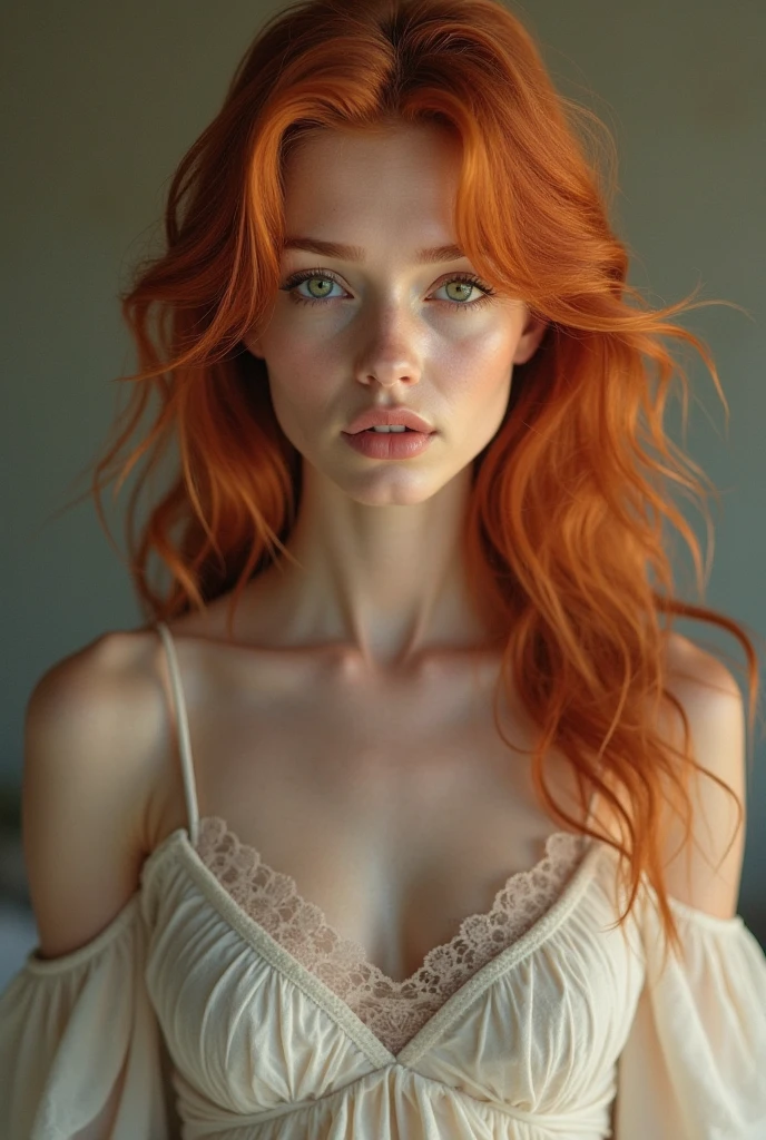 ultra realistic, photography, long straight red hair, (30 years old, green eyes, hourglass figure, perfect body, natural medium breasts), Long eye lashes, seductive eyes, Award Winning Glamour Photograph extremely detailed award winning glamour photograph, front lit, HDR, Bare shoulders, jewelry, Full body, a necklace, off shoulders, Sweaters, Realistic, A sexy