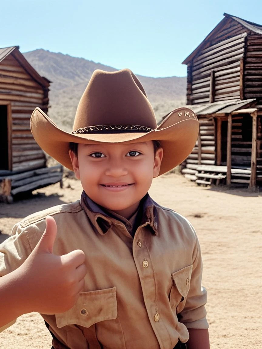 a chubby 8 boy wearing cowboy clothes and cowboy hat,ultra realistic details, intricate, 4k