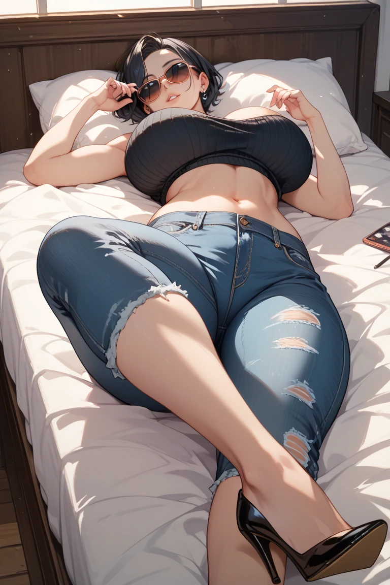 (masterpiece, best quality, hires, high resolution:1.2), (beautiful, aesthetic, perfect, delicate, intricate:1.2), (cute, adorable), (depth of field:1.2), (1girl, solo), (sexy mature woman), (a sexy woman lying on the bed with her legs open), (eyeliner, eyeshadow, glossy lips), (spread legs), (short hair), (huge breasts), (ornate delicate bra:1.4), (short shorts, open shorts, unzipped shorts, openfly, open fly), (colored long stockings), (looking at viewer), (sneakers:1.3), (from above), (full body shot:1.4),