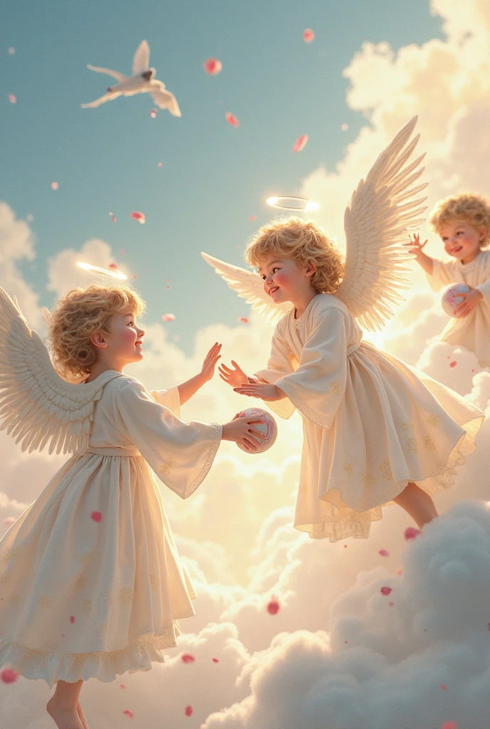 Two child angels with big wings, leaning over and with their hands on their chins amidst many clouds in a clear sky 
