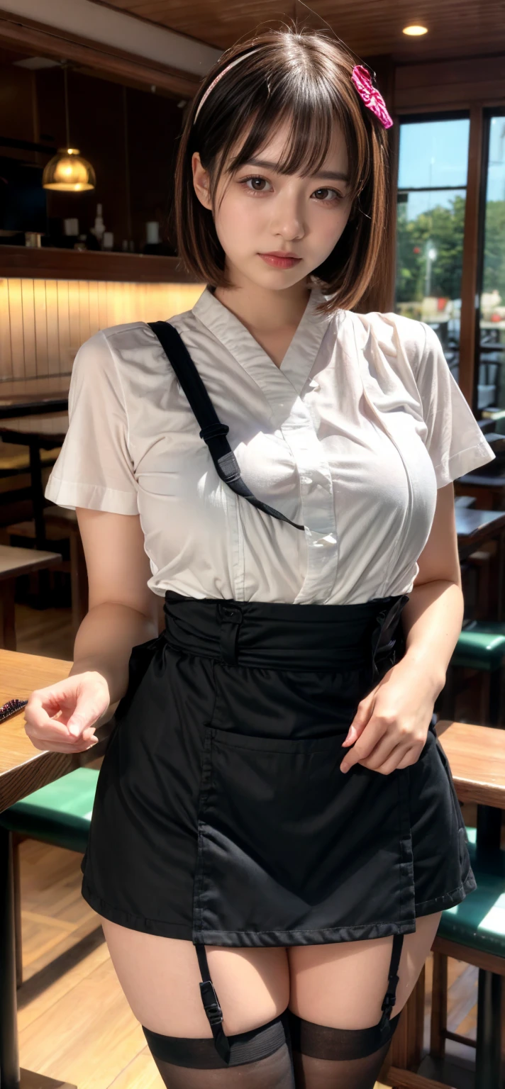 One person, Mr.々Hair style,, big ,Large Breasts,Plump,Sunburn,good,Firm, round, huge breasts,
A thick leather apron dyed black and worn to protect against dirt and scratches.,Under the apron you can see a simple white shirt, but the sleeves are rolled up due to the heat from working.,Work pants are made of durable canvas and are designed to protect against heat and metal fragments.,The knees are reinforced to withstand long hours of work.,A belt with a large iron buckle and sturdy work boots,He wears simple iron earrings in his ears, an item that symbolizes his pride as a blacksmith.,A pose just before placing both hands on the smith's table and smashing the iron,They have a concentrated look on their face and are fully focused on the task at hand.,In the background, newly completed swords and armor are neatly arranged.,