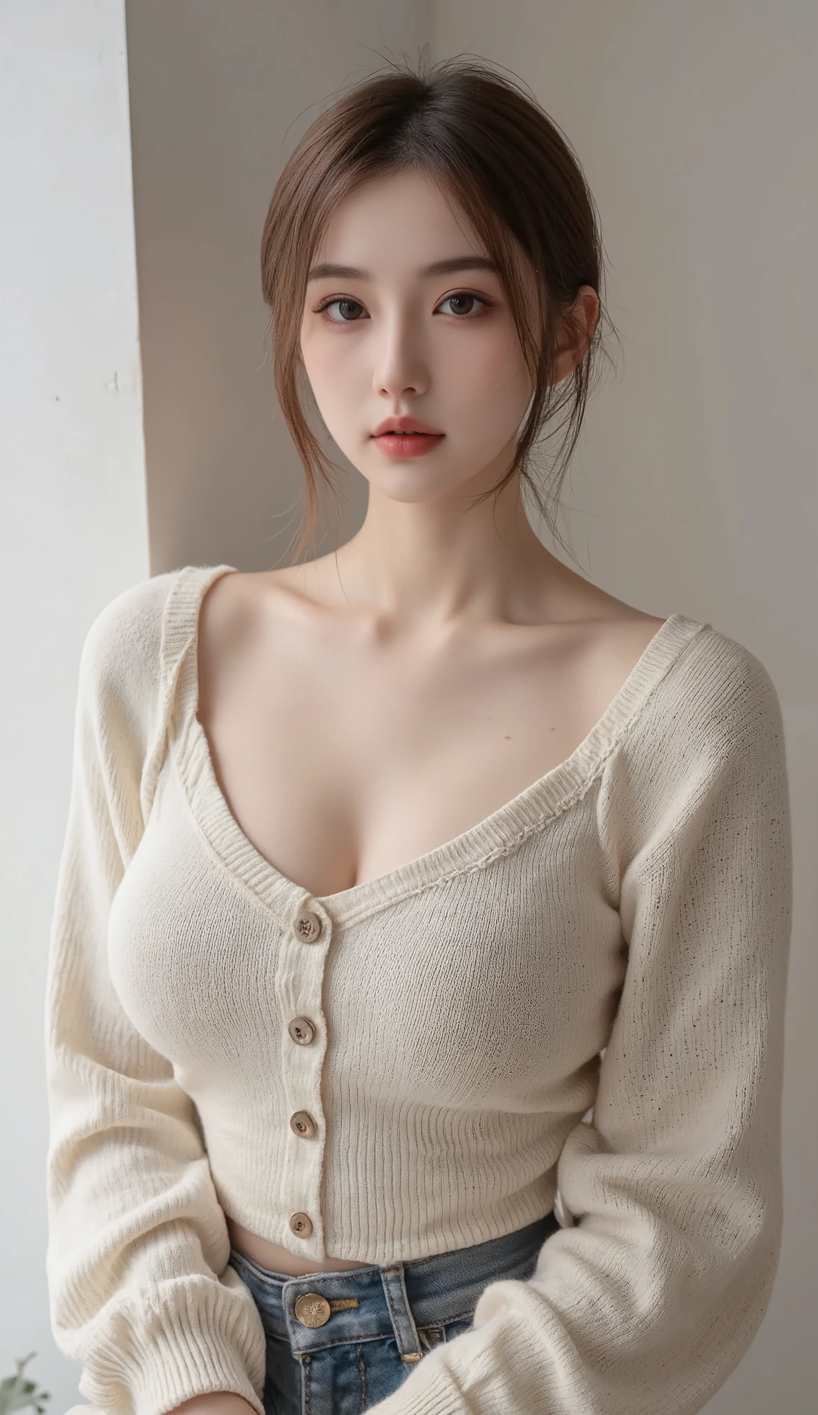 smile、night、RAW photo、(((ultimate beauty portrait)))、((glowing skin))、1 girl、((Completely naked))、15 year old beautiful girl from Prague、bright look、((brown hair))、(cleavage)、(、((Big eyes that shine like jewels))、open cardigan、open your clothes、pantyhose、Glossy, glowing skin、(medium hair)、(silky ponytail hair)、( Are standing)、(from below)、under the skirt、under the skirt、(from below下着の接写)、eyeliner、beautiful bangs、hair between eyes、((masterpiece、最high quality、Super detailed、film light、intricate details、High resolution、very detailed))、detailed background、8KUHD、Digital single-lens reflex camera、soft light、high quality、film grain、Fujifilm XT3 、shallow depth of field、natural soft light、Kamimei、Very small bust、naked