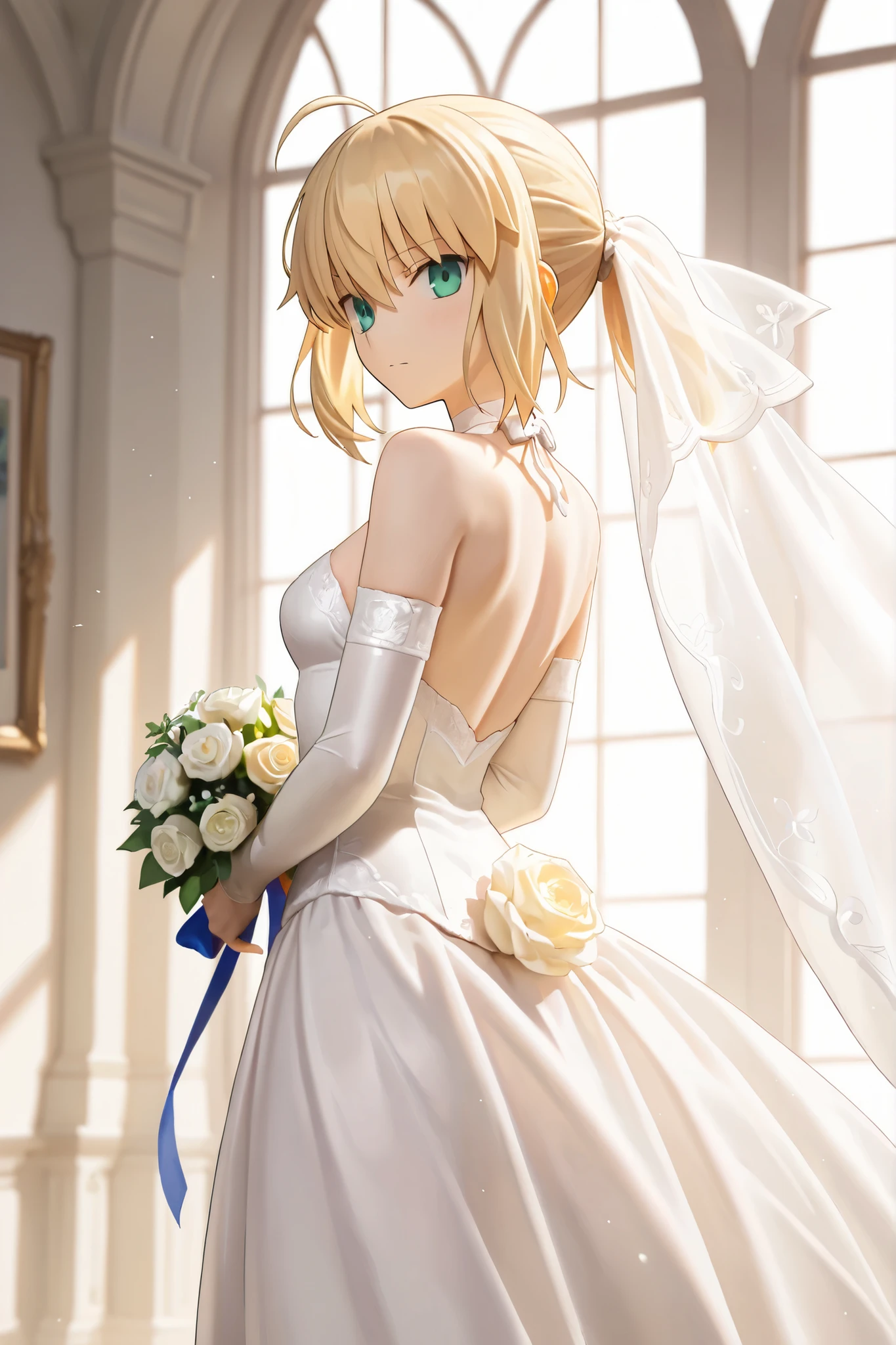 1 girl, saber (fate series), Artoria Pendragon (fate series), alternate breast size, bare shoulders, bare back, backless dress, white dress, wedding dress, looking at viewers