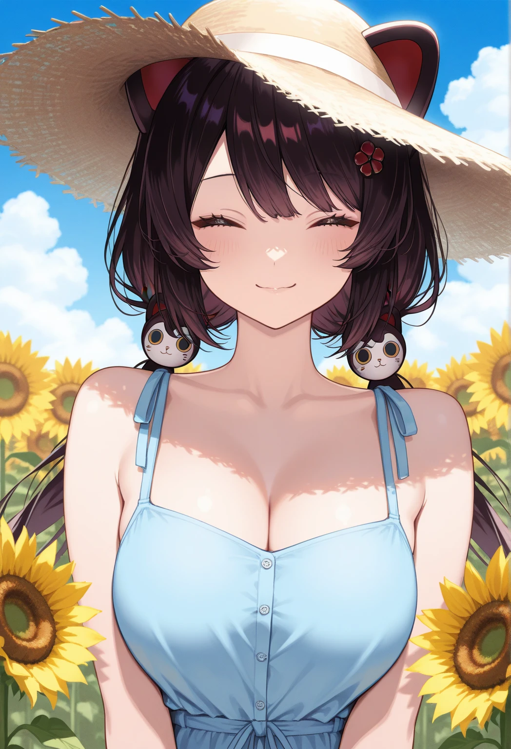 ((masuter piece:1.5)),((Finest quality)),(super precision),8k picture,Top quality anime,Highest level of resolution,sharpnes,clear,((perfect anatomia:1.5)),(Perfect depiction, Unbroken body:1.5),Detailed down to the smallest detail,Phenomenal depiction,((1 Japan Woman:1.4),((A dark-haired,bob cuts:1.1)),Slim and well-proportioned body,(Beautiful and neat face),((Beautiful shiny black eyes),pretty skin,(A smile staring at us)),(One piece with detailed details:1.6,Beautiful pattern with detailed and detailed details,),Sunflower field,a straw fedora hat