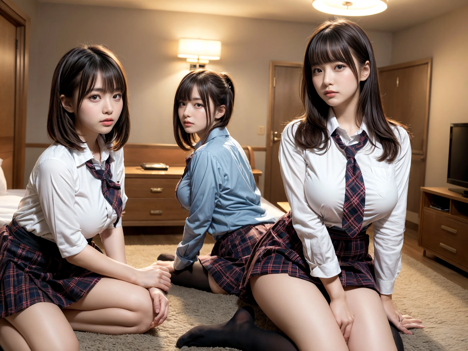 nsfw, Masterpiece、Highest quality、Low Perspective、Three young Japanese women on all fours, side by side, peering in the direction of the camera、Mid-teens、Beautiful but cute face、Mischievous smile、Perfect Style、White collared blouse half-unbuttoned、((Her breasts are visible through her clothes, even her nipples.))、Tartan check mini skirt、White socks、The temptation of a glimpse of breasts