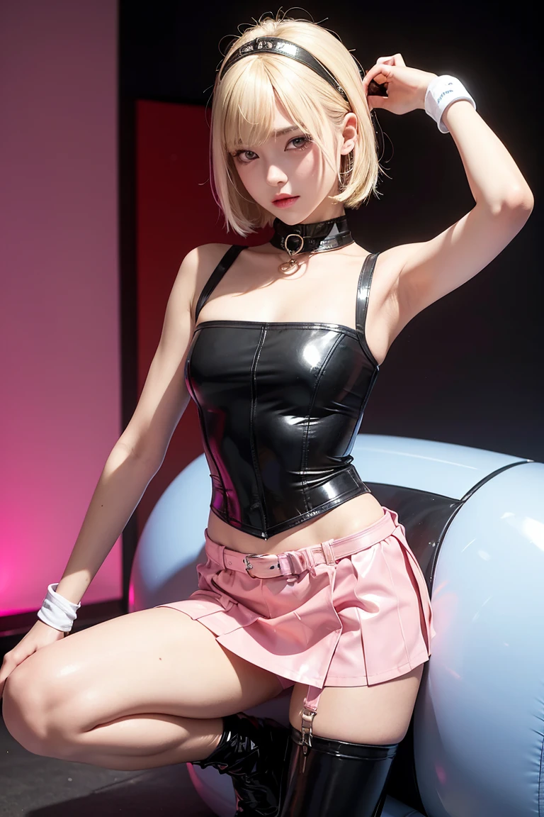 Facing the audience、dynamicposes、Legs spread、Hands behind the head、frombelow、pretty 1girl, absurderes, 8K UHD, Platinum Blonde Hair, bob cuts, 17 age、medium breasts, zippers、(Super shiny colorful micro bikini)、(Super shiny micro mini skirt)、Sleeveless、(FULL BODYSHOT)、(lightsmile:1.12),(a wet body:1.05)、