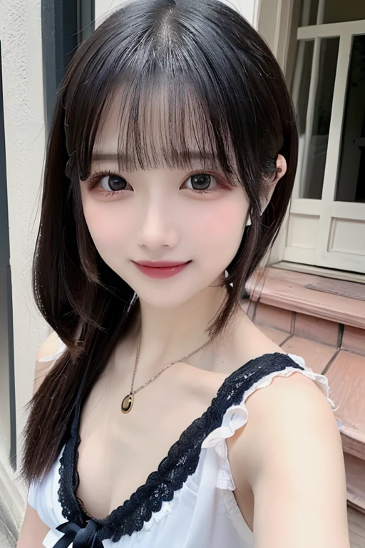 girl, White skin, ((Dark brown short tiered hair)), V cut with layers and bangs, Brown eyes, Soft atmosphere characteristics (Highest quality, Ultra-high resolution, 8K, RAW Photos, Ultra-high resolution: 1.2, masterpiece: 1.3), (Realistic, Realistic: 1.37), Very detailed, Professional Lighting, Photon Mapping, Radio City, Physically Based Rendering, One Girl, （high school girl）, Sharp focus:1.2、Beautiful woman:1.4,cute, Nice, Adorable, smile, Normal chest, necklace、(Cleavage)、Gothic Lolita Fashion、Earrings、Selfie、ring、Cafe、((Peering gaze))