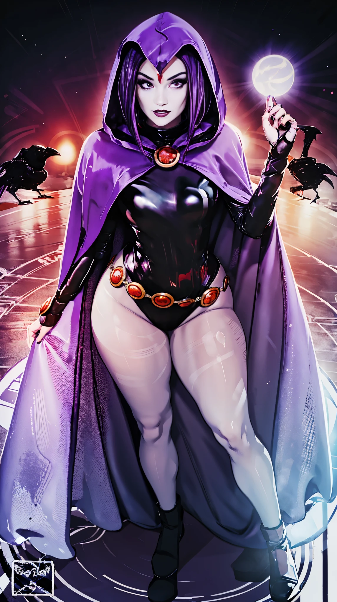 Full Body illustration of Raven from DC Comics, 1 girl, Raven, turtleneck, Black leotard, Black cape, hood, purple hair, forehead jeEmel, purple eyes, short hair, Belt, tight skin, standing, cleavage, toned, pose, night , moonlight, ((posing)), movement lines, torso, upper body, portrait, B&Em. contour, in anime tarot card art style, elegant, glamorous, reflection, shine, shading, pantyhose 40 dinier, small