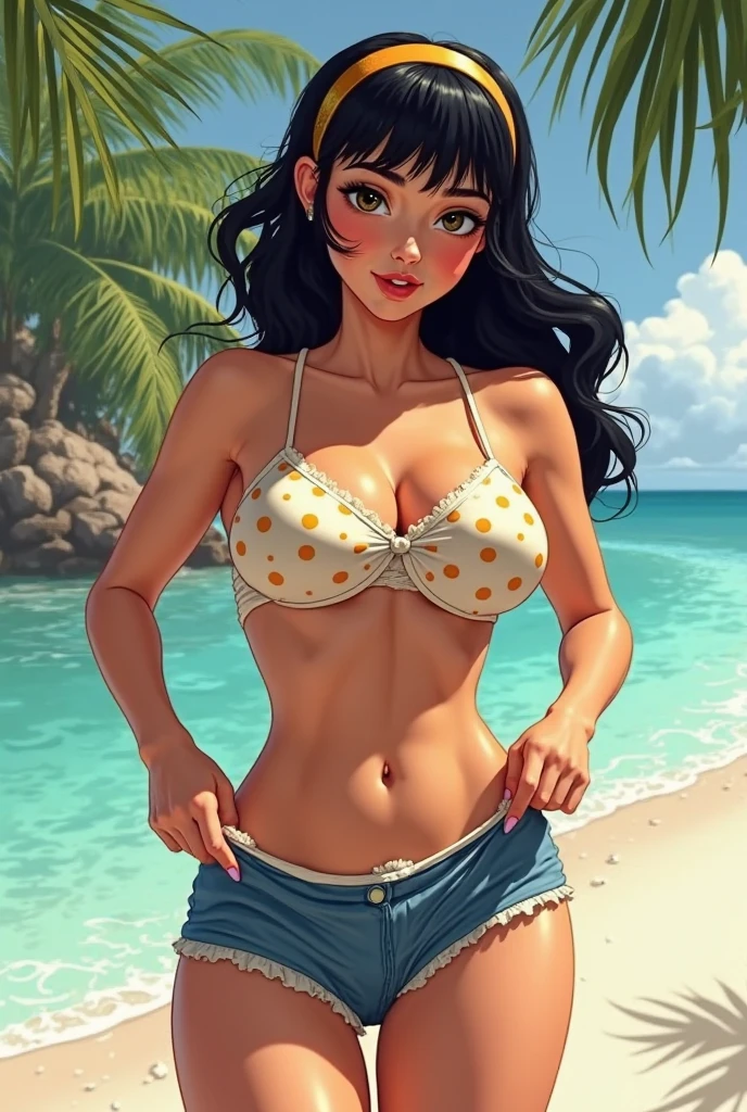 high detailed, masterpiece <lora:p3r3zstyle:0.9> full body 1girl cartoon character in a blue bikini, full lips, pouting, very long black hair, perfect hands, big breast, wide hips, thick thighs, beach scene