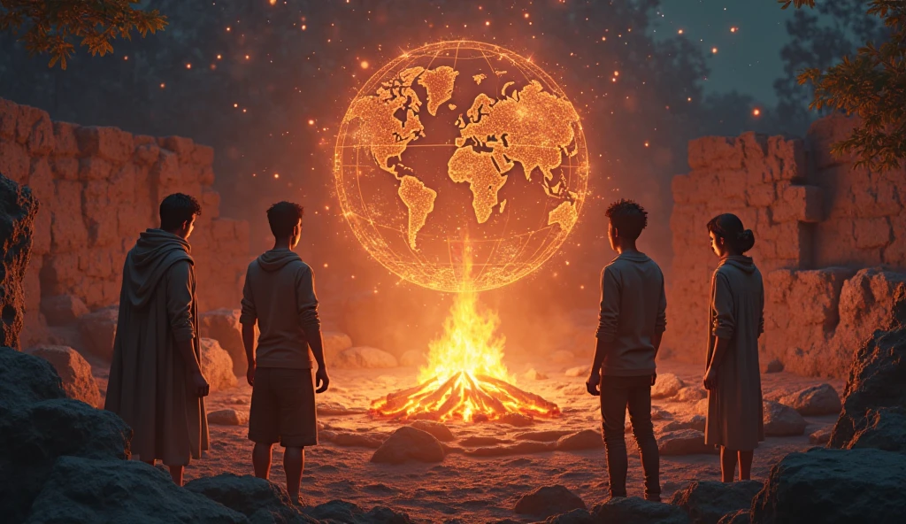 I need a photo of several Hindu men about 33 on a panoramic background of the planet Earth, one cooking on the floor, others pulling out teeth with their hands, others eating garbage, another azandonlo that looks like a smiling and very funny dog