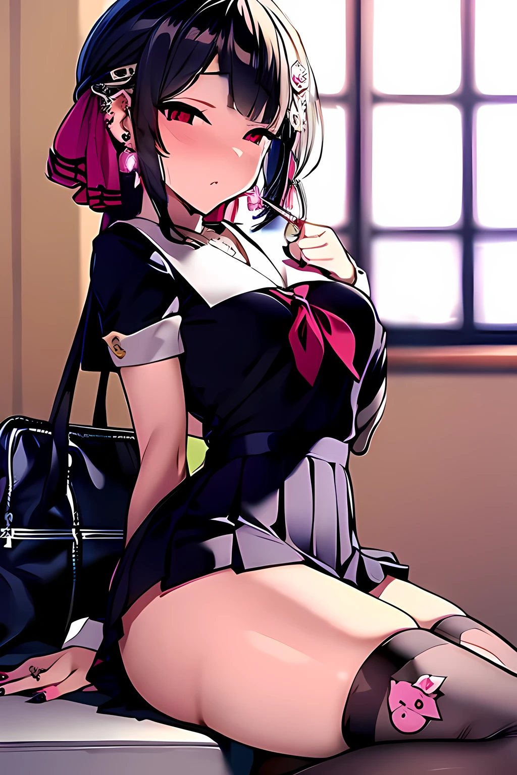 masterpiece, Best Quality, high resolution,shinomiya kaguya,1girl,red eyes, black hair, hair ribbon,school uniform,hello_kitty_print,gyaru,earrings,eyeshadow,necklace,pink bag,leg warmers,((xxx hair)),(yyy inner)),piercing,tiger_print underwear,nail,