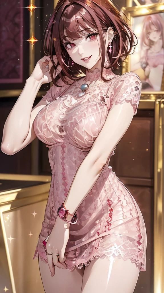 ts1, (8k、Best image quality、Highest quality、masterpiece)、Detailed face、1 girl、smile、light grin,Big Breasts、((Pink bodycon))、Shiny、accessories、belly button、((Micro Dress))、Cowboy Shot、in bedroom,straight hair,mini skirt,latex clothing,straight hair,