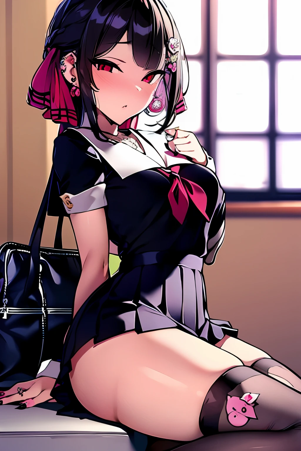 masterpiece, Best Quality, high resolution,shinomiya kaguya,1girl,red eyes, black hair, hair ribbon,school uniform,hello_kitty_print,gyaru,earrings,eyeshadow,necklace,pink bag,leg warmers,((xxx hair)),(yyy inner)),piercing,tiger_print underwear,nail,
