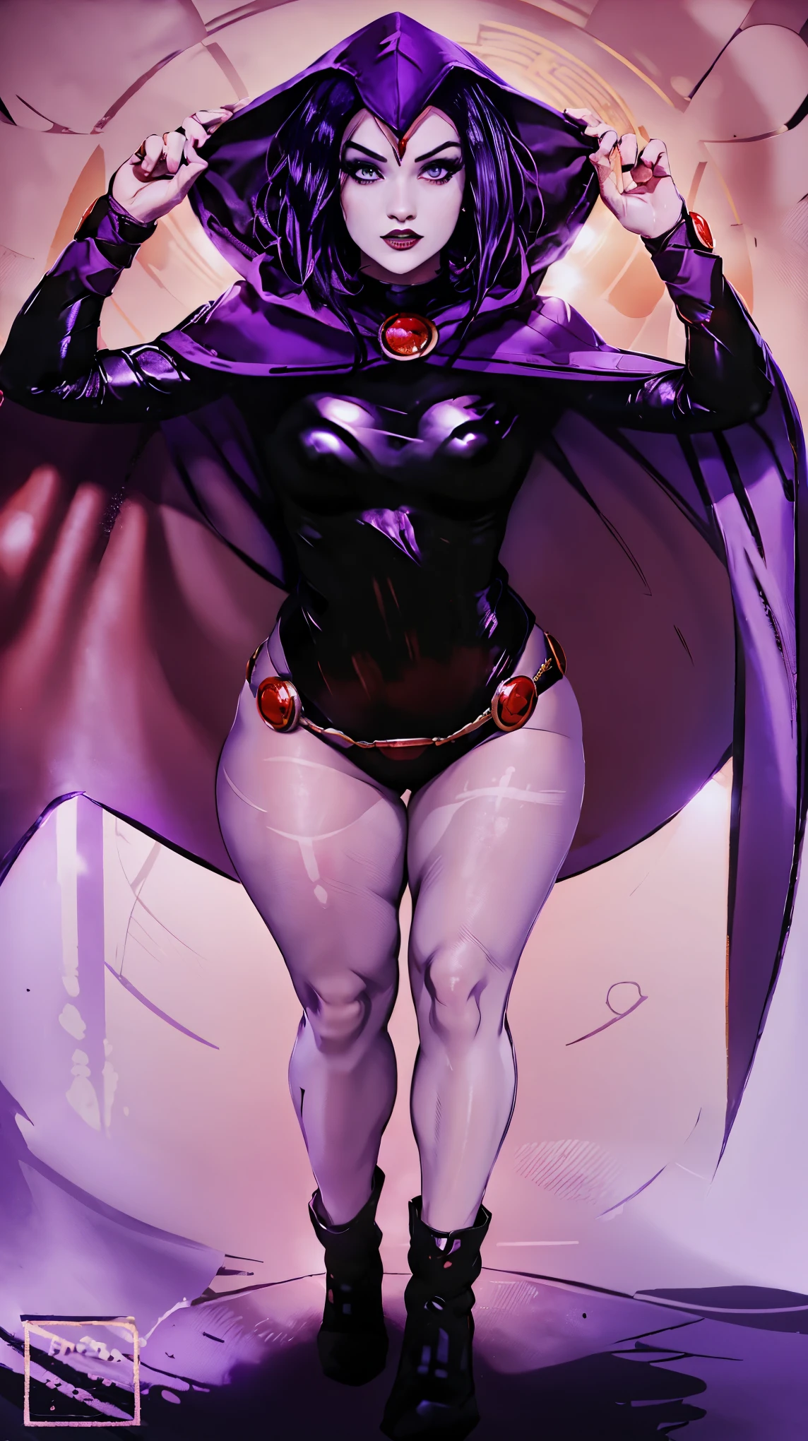 (solo:1.1),(masterpiece), (best quality:1.3),, (ultra detailed:1.1), (intricate), professional art, digital art, absurdres, shadraven, (Full body view:1.3), (far away view:1.1), 1girl, solo, (grey skin:1.4), dark purple hair, bob hair, dark purple eyes, hips wider than shoulders, pear shaped body, jewellery, detailed thighs, (thick thighs:1.3), red jewel in forehead, jewels, (long sleeved turtleneck leotard:1.4), (Red jewel Belt), (red jewel brooch), cuffs, small breasts, nipple bulge, (raven long dark purple hooded cape), (Shadraven brooch:1.2), Shadraven jewel belt, Shadraven wearing a long sleeved leotard with fingerless gloves and ankle boots and a hooded cape, long legs, ( detailed long thick veiny crotch bulge with veins showing through clothing:1.4), large penis, large testicles, (side view portrait), looking at viewer, bubble butt , gluteal crease, universal lighting,(Detailed ass),
