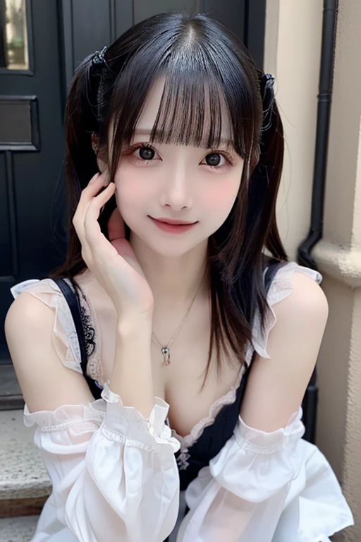 brightexpression、photorealistic stick:1.32、highest quality、超A high resolution、Photos of the most beautiful Japan girls、cute and beautiful face details、small face、(Pueros face_V1:0.008)、Beautiful bangs、14 years old、Brilliant white skin、hair gets tangled in face、Bangs that reach down to the face、bangs、hair between eyes、super long hair、charming brown silky hair、bright、Clear light blue eyes shine charmingly、ample breasts、Dynamic poses highest quality、disorganized、((the cutest girl in the world))、Japanese、14 years oldの女の子、Cafe、((lace dress:1.3))、(half up hair:1.3)、(tie with a thin ribbon)、nice and cute、innocent smile、nice smile、cleavage、(big breasts:1.3)、ponytail、brown hair、thin waist、detailed beautiful eyes、face forward、Upper body、close up of face、Front view、