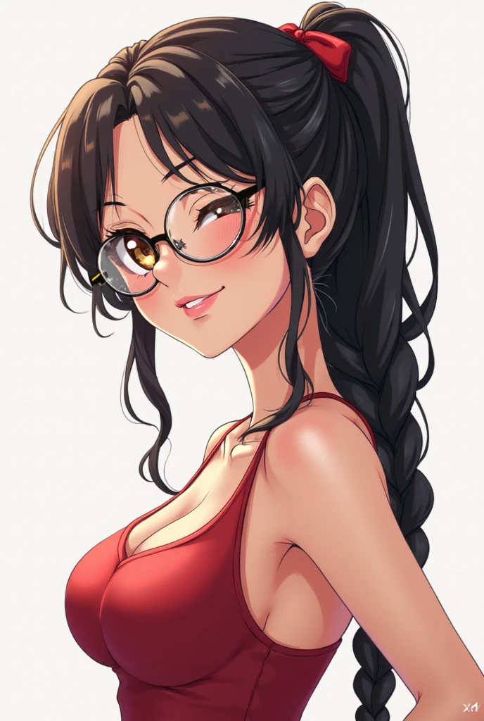 Mia Khalifa, ponytail, large breasts (naked:1.1), (see-through lingerie:1.3), (blushing face:1.5), smiling, ((erotic pose))