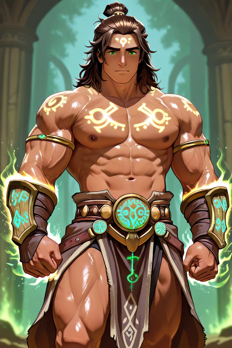 An awe-inspiring dark fantasy illustration of an anthropomorphic lion warrior, with a muscular, dark-skinned body adorned with tribal tattoos and scars of battle. His bright red and white attire, tribal bracelets, and magical sword with a glowing green halo and gemstone-studded belt showcase his authority. His long, radiant hair and red beard add to his imposing presence. This cinematic scene, set in a post-battle environment with distant ships, captures the essence of the fierce warrior as he stands victorious amidst the vibrant and conceptual art., vibrant, dark fantasy, conceptual art, poster, cinematic